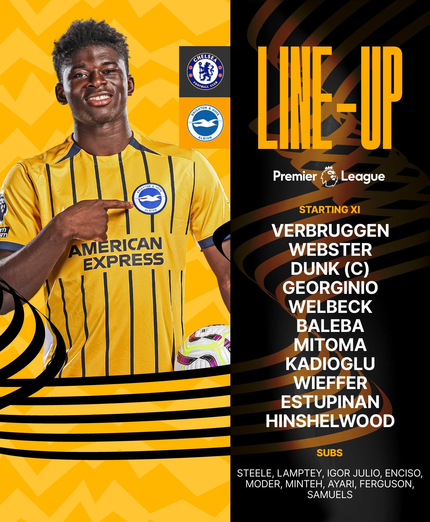 Albion's team to face Chelsea: Verbruggen, Webster, Dunk, Geroginio, Welbeck, Baleba, Mitoma, Kadioglu, Wieffer, Estupinan, Hinshelwood. Come on Albion!