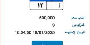 سعرها يصل لـ 500 ألف جنيه.. طرح لوحة سيارة مميزة برقم «ب أ - 13» - اخبارك الان