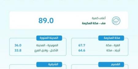 البيئة: مكة المكرمة تسجّل أعلى كمية أمطار بـ (89) ملم - اخبارك الان