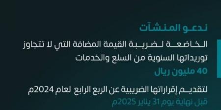 الزكاة والضريبة والجمارك تدعو المنشآت إلى تقديم إقرارات ضريبة القيمة المضافة عن شهر ديسمبر والربع الرابع لعام 2024 - اخبارك الان