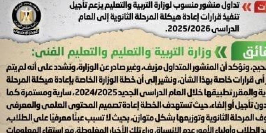 الحكومة تنفى تأجيل تنفيذ إعادة هيكلة المرحلة الثانوية إلى عام 2025/2026 - اخبارك الان