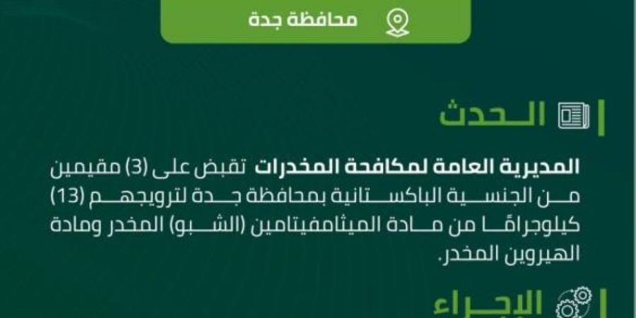 مكافحة المخدرات تقبض على 3 مقيمين بجدة لترويجهم 13 كيلوجرامًا من مادة (الشبو) المخدر - اخبارك الان