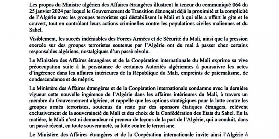 في بيان شديد اللهجة.. مالي تدين تدخل الجزائر في شؤونها الداخلية وتفضح دعم الكابرانات المتواصل لجماعات إرهابية - اخبارك الان
