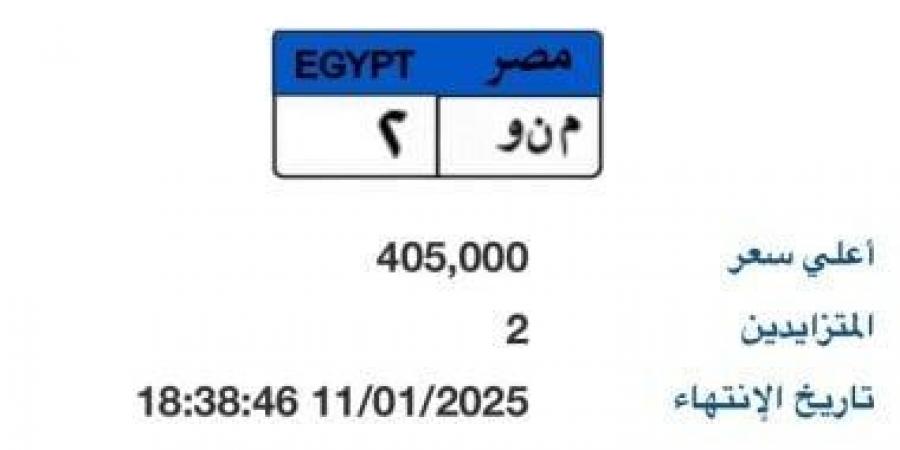 طرح لوحة سيارة مميزة تحمل رقم "م ن و - 2" بسعر 400 ألف جنيه - اخبارك الان