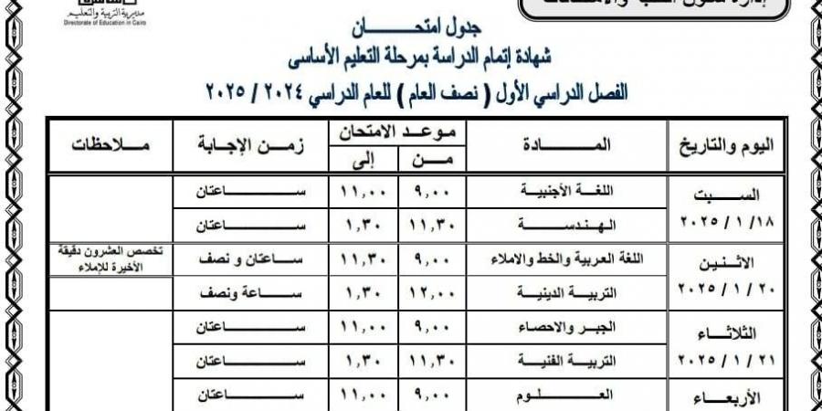 جداول امتحانات المحافظات الترم الأول لطلاب الشهادة الإعدادية  - اخبارك الان