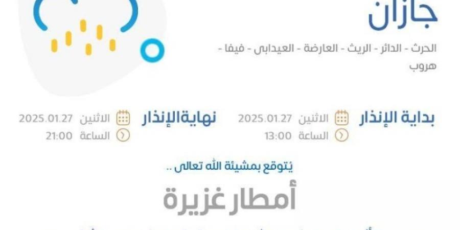 الأرصاد: أمطار غزيرة مصحوبة برياح شديدة على منطقة جازان - اخبارك الان