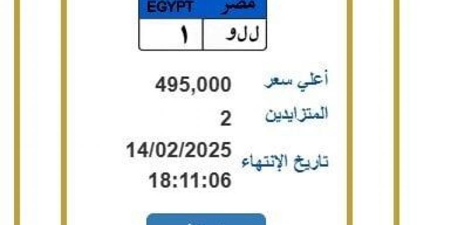 لوحة معدنية مميزة وصل سعرها 495 ألف جنيه.. آخر موعد لانتهاء المزايدة - اخبارك الان