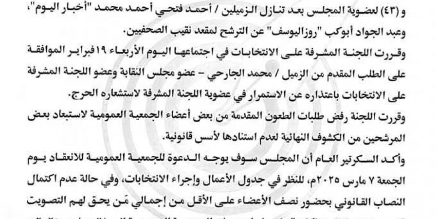 51 مرشحًا بينهم 8 لمقعد النقيب.. الكشوف النهائية لانتخابات التجديد النصفي لنقابة...اليوم الأربعاء، 19 فبراير 2025 04:05 مـ - اخبارك الان